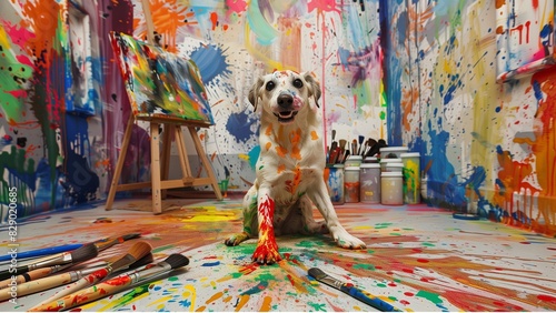  a dog covered in multicolored paint splatters, frolicking joyously in an artist's studio, watercolor painting, watercolor painting