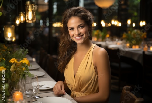 Elegant Woman in Yellow Dress at Restaurant Table