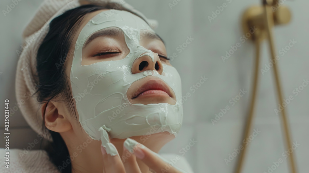 A woman with a green face mask on her face. She is wearing a white scarf and has her hands on her face A woman with a green face mask on her face. She is wearing a white scarf and has her hands on her face