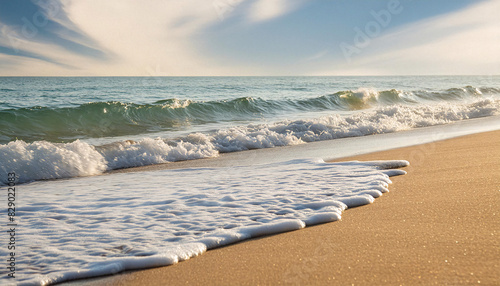 view from top, A serene illustration depicting gentle waves rolling onto a sandy beach, creating a tranquil and calming atmosphere perfect for relaxation and meditation.