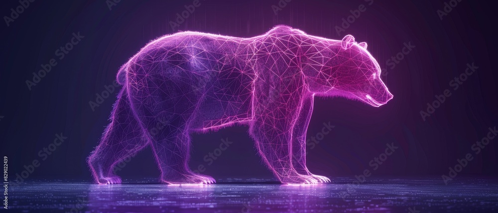 A majestic bear silhouette glows in magenta against a black background, creating a stunning contrast A majestic bear silhouette glows in magenta against a black background, creating a stunning contrast