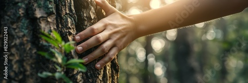 Human hand gently touching a tree trunk, with new leaves sprouting symbolizing growth and connection with nature