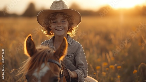 A joyful young boy rides a horse