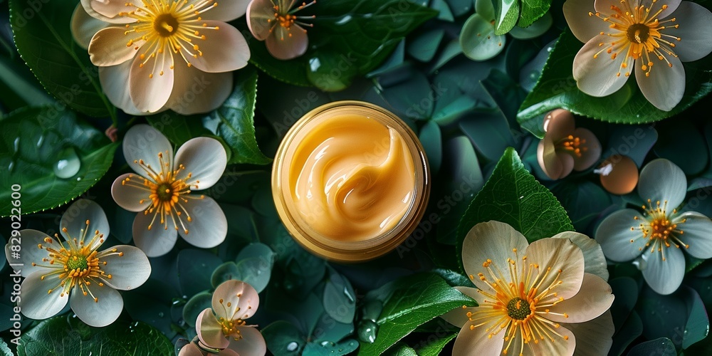 Cosmetic jar of honey cream with fresh flowers and herbs on a wooden spa treatment table.