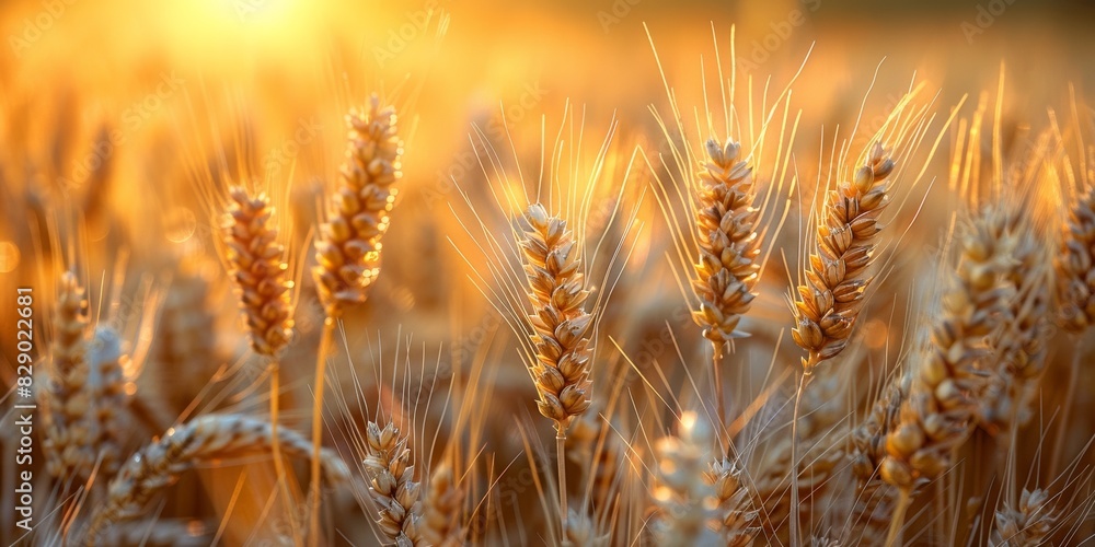 Obraz premium A rural wheat field with golden ears of grain, basking in summer sunlight, ready for harvest.