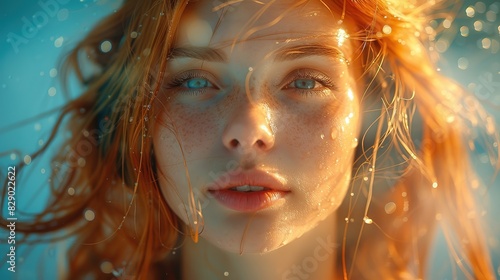 portrait of wet red-haired girl in sunlight