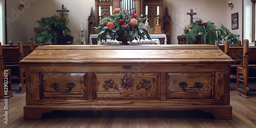 In the classic setting of a church, a vintage wooden coffin adorned with intricate carvings and a bouquet of flowers.