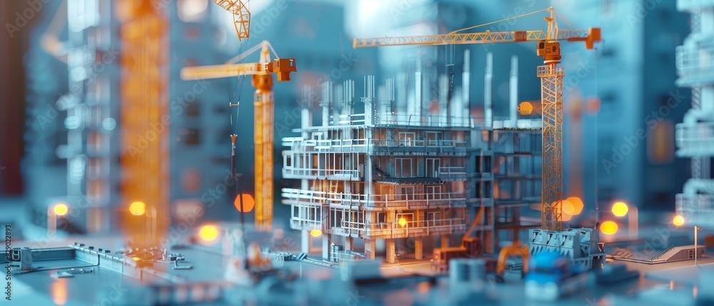 Scale model of a high-rise under construction with miniature cranes