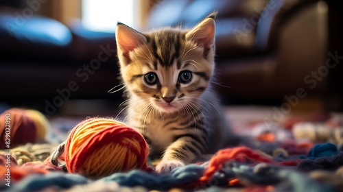 Adorable kitten playing with a ball of yarn in a cozy living room