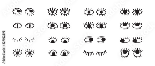 Crazy doodle black eyes. Open eye creative set. Abstract hand drawn fun collection. 