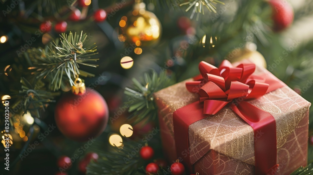 Close up of a Christmas tree adorned with a gift box Close up of a Christmas tree adorned with a gift box