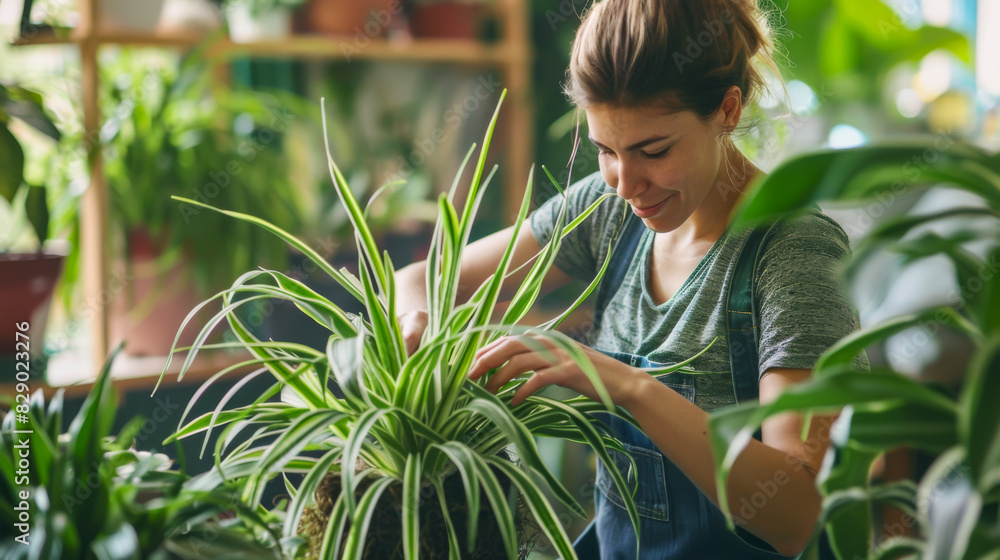 Obraz premium A woman is tending to a plant in a greenhouse. She is smiling and she is enjoying her time