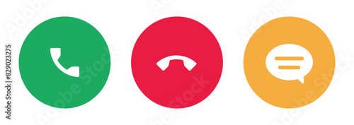 Receive call, accept, reject call and text message icon set in colorful style. Pick up call, end call and SMS button vector collection for user interface design.