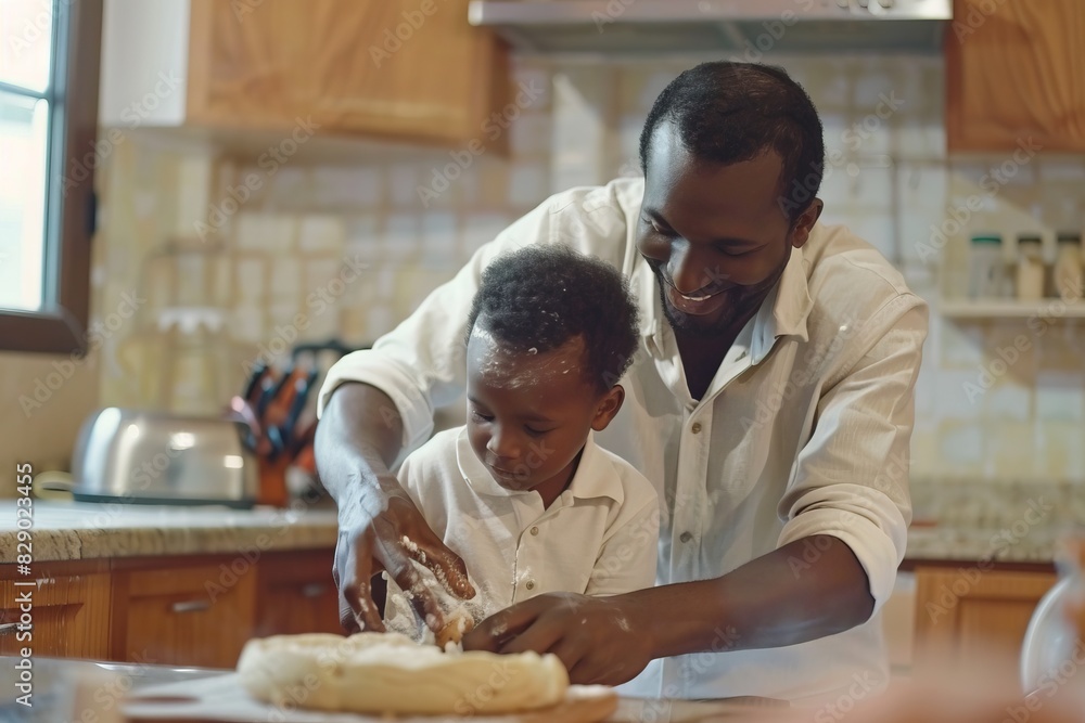 Black father and son bond while baking together. Black father and son bond while baking together.