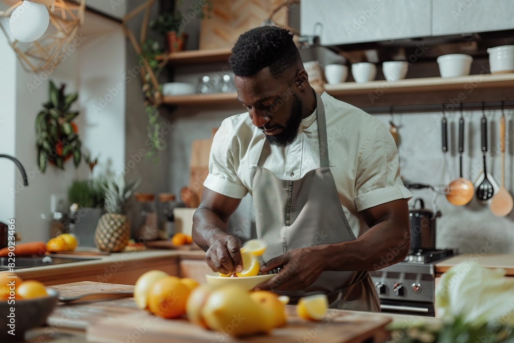 Black man cooking healthy meal at home with family. Black man cooking healthy meal at home with family.