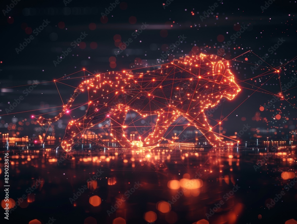 An enchanting nightscape emerges with an olive glow, a lion silhouette accenting the scene An enchanting nightscape emerges with an olive glow, a lion silhouette accenting the scene