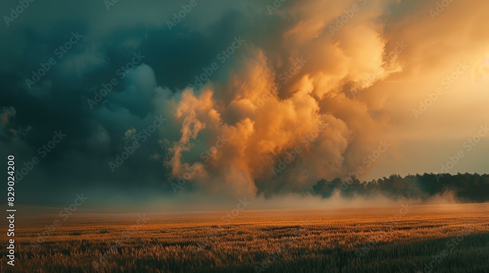 Rural landscape with dense clouds over wheat fields