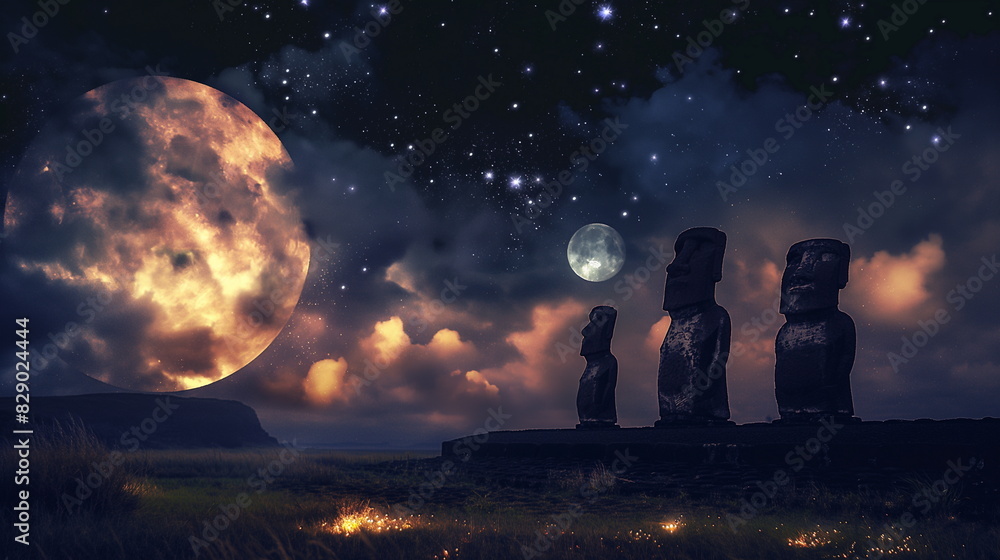 At night on Easter Island the moai have a mysterio At night on Easter Island the moai have a mysterio