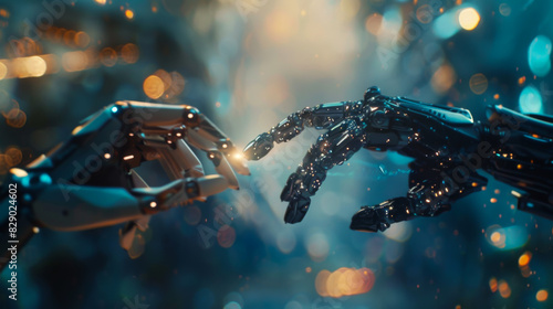Robotic hands are touching each other in a blue background. The scene is futuristic and gives off a sense of connection and unity photo