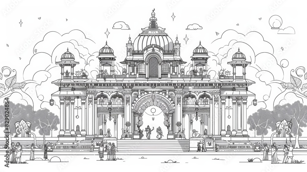 Monochrome Line Drawing of a Majestic Indian Palace Amidst Clouds and Foliage Monochrome Line Drawing of a Majestic Indian Palace Amidst Clouds and Foliage