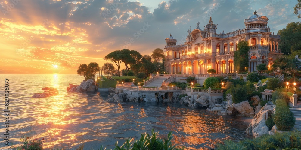 Fototapeta premium Golden Hour Elegance: Oceanfront Estate, generative ai