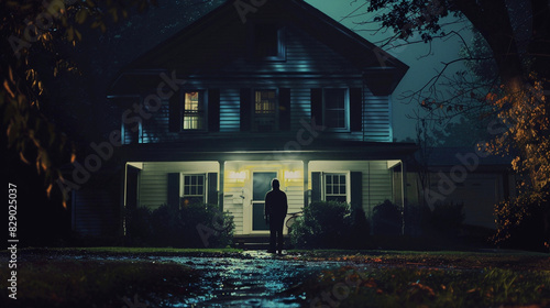 Dark Scary Silhouette of a Man Standing in Front of a Suburban Home