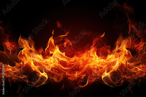 Fireplace of burning powerful fire with black coals, burnt wood in flames of fire, dynamic bright background with copy space, banner for design