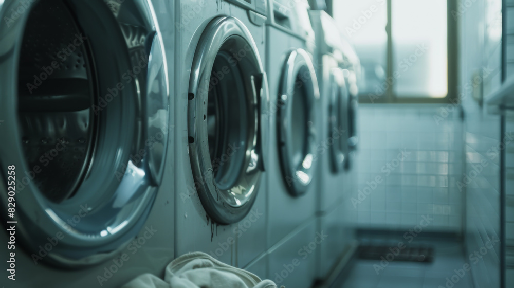 White washing machines fill the scene with cinematic perspective White washing machines fill the scene with cinematic perspective