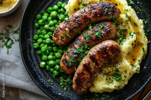 Pork sausages with creamy mashed potatoes, gravy sauce, green peas and greenery on black plate on dark grey background and napkin overhand photo