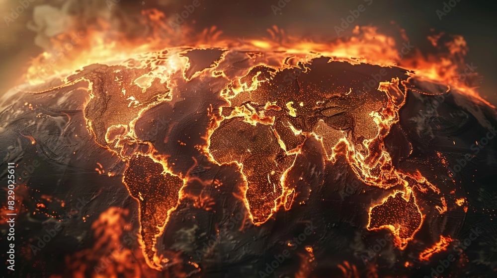 photorealistic world map dramatic shot world on fire photorealistic world map dramatic shot world on fire
