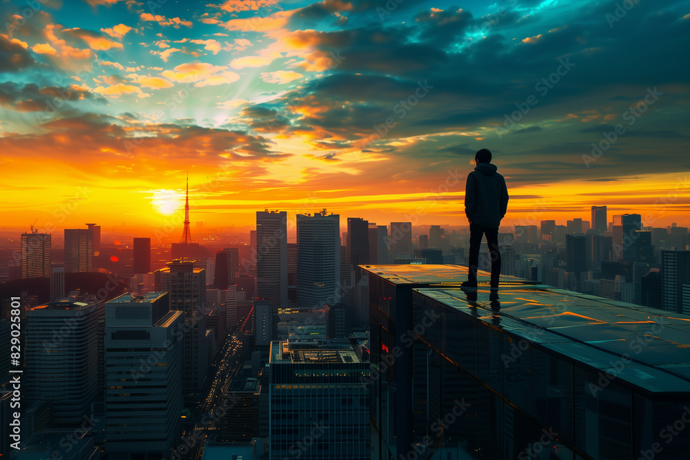 Fototapeta premium A silhouette of a man standing on the edge of a skyscraper rooftop, overlooking a vibrant cityscape at sunset with dramatic clouds and glowing skyline
