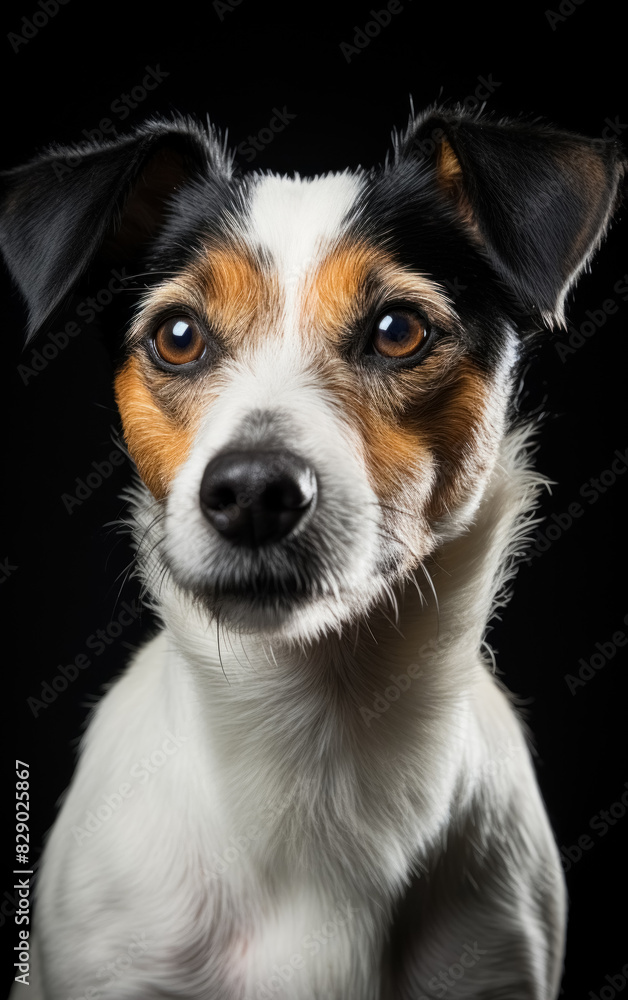 Close up studio portrait Jack Russell dog isolated on black background Close up studio portrait Jack Russell dog isolated on black background