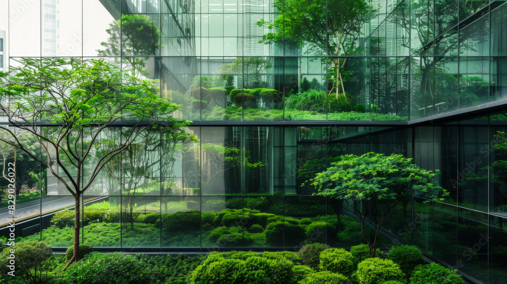 Beautiful picture of a modern building among a green park with trees. Trees and green environment in eco-friendly glass office Beautiful picture of a modern building among a green park with trees. Trees and green environment in eco-friendly glass office
