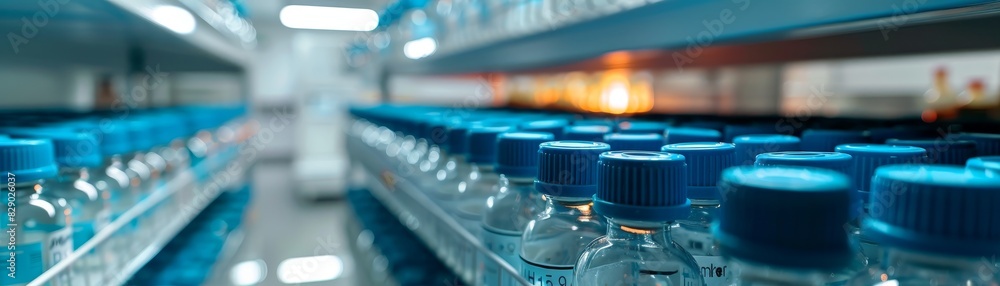 Rows of medical vials in blue caps inside a brightly lit refrigerator Rows of medical vials in blue caps inside a brightly lit refrigerator