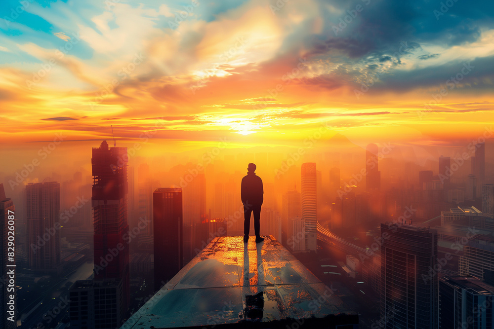 A silhouette of a man standing on the edge of a rooftop, overlooking a sprawling cityscape bathed in the golden hues of a breathtaking sunrise, symbolizing hope, ambition A silhouette of a man standing on the edge of a rooftop, overlooking a sprawling cityscape bathed in the golden hues of a breathtaking sunrise, symbolizing hope, ambition