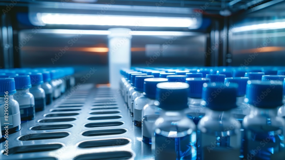 Rows of medical vials in blue caps inside a brightly lit refrigerator Rows of medical vials in blue caps inside a brightly lit refrigerator