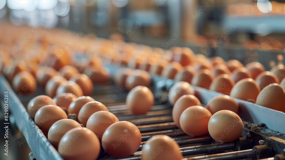 Rows of fresh eggs on a conveyor belt in an industrial poultry farm 