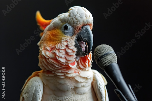 White cockatoo parrot singing song in microphone, records track in recording studio. Parrot singer isolated on black background