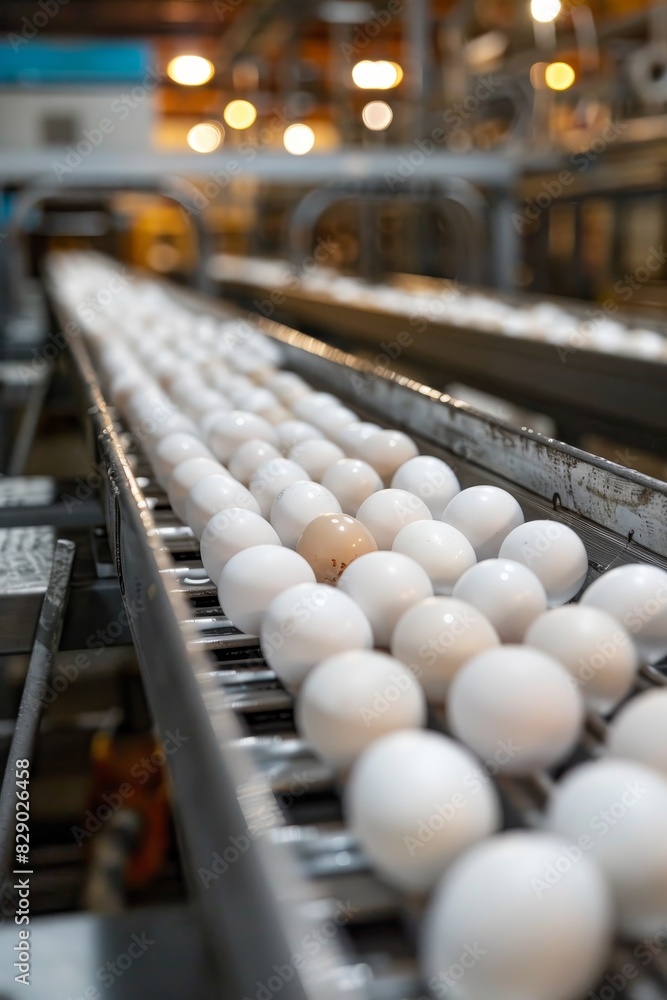 Rows of fresh eggs on a conveyor belt in an industrial poultry farm Rows of fresh eggs on a conveyor belt in an industrial poultry farm
