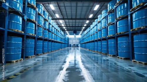 Rows of blue industrial barrels in warehouse setting