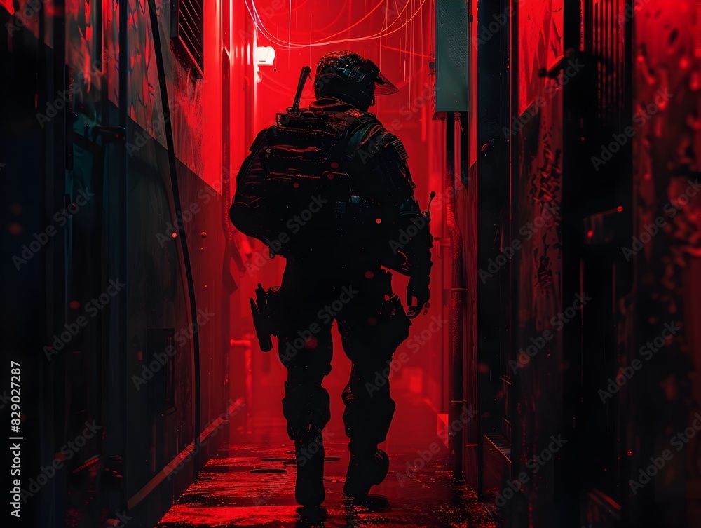 Covert Operative Navigating Through a Dimly Lit,Ominous Hallway in the Shadows of a Dangerous,Cinematic Night Covert Operative Navigating Through a Dimly Lit,Ominous Hallway in the Shadows of a Dangerous,Cinematic Night