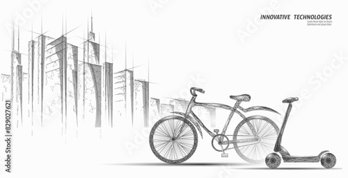  Electric scooter low poly design. Eco micromobility transport last-mile problem solution. Pick up scooter-sharing rental system. E-scooter urban mobility vector illustration