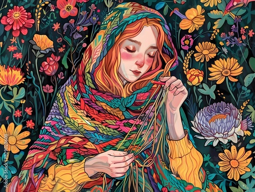 Enchanting Floral Reverie - Ethereal Portrait of a Thoughtful Young Woman Surrounded by Vibrant Blooms and Lush Botanicals