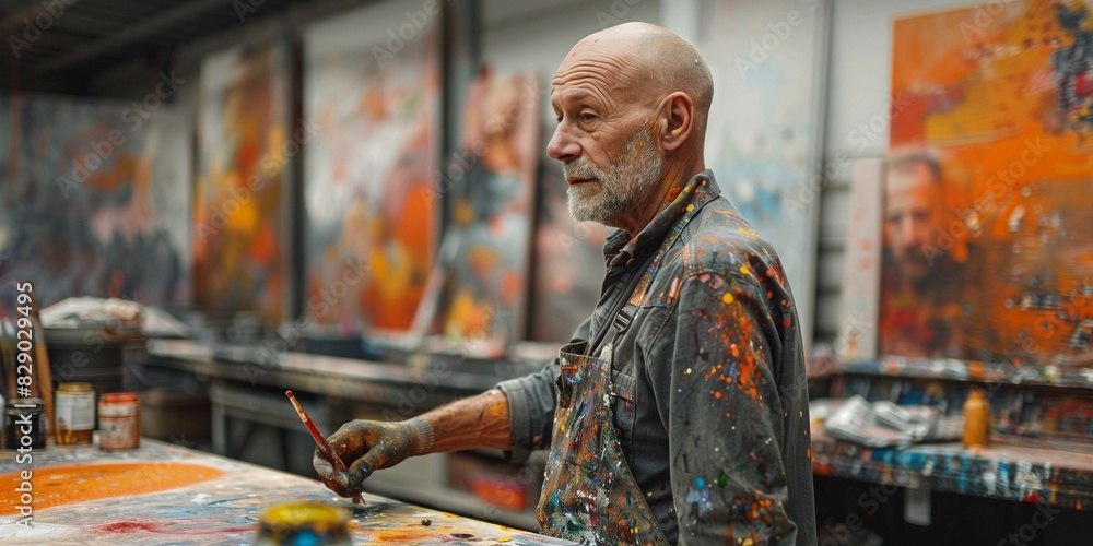 Modern Art Masterpiece: Bald Man Painting Abstract Canvas, generative ai Modern Art Masterpiece: Bald Man Painting Abstract Canvas, generative ai