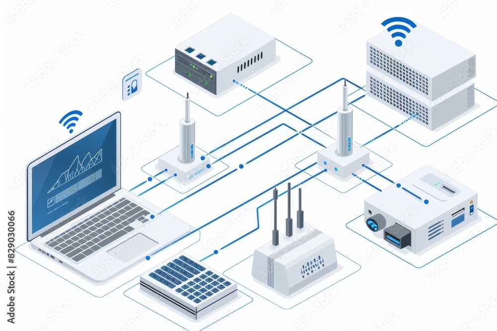 Detailed illustration of a network infrastructure setup, emphasizing the complexity and functionality of modern digital communications Detailed illustration of a network infrastructure setup, emphasizing the complexity and functionality of modern digital communications