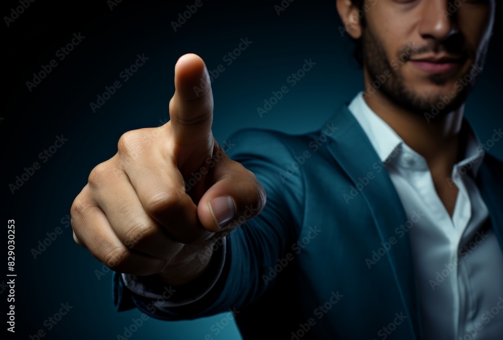 Confident businessman presenting in black suit Confident businessman presenting in black suit