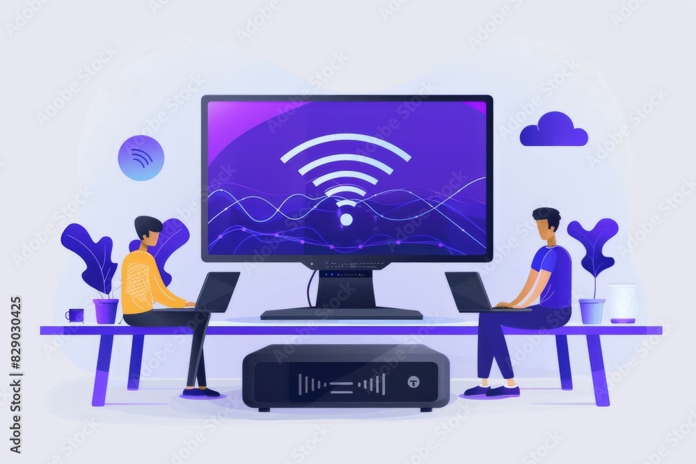Family watching a smart TV connected to Wi Fi, depicting the integration of digital technology in home entertainment Family watching a smart TV connected to Wi Fi, depicting the integration of digital technology in home entertainment