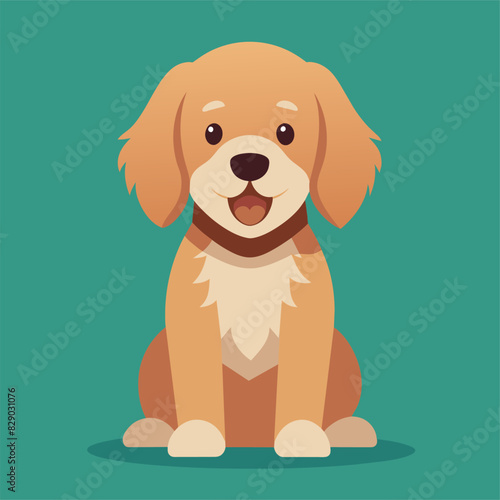 On a green background, a dog with brown and white fur is seated