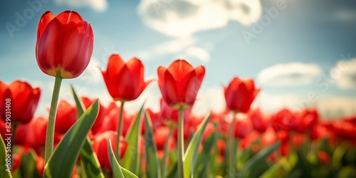 Close-up of radiant red tulips with bright green stems and leaves under the warm sunlight with a cloudy sky background