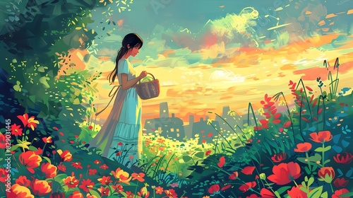 Woman in Enchanting Floral Garden at Sunset